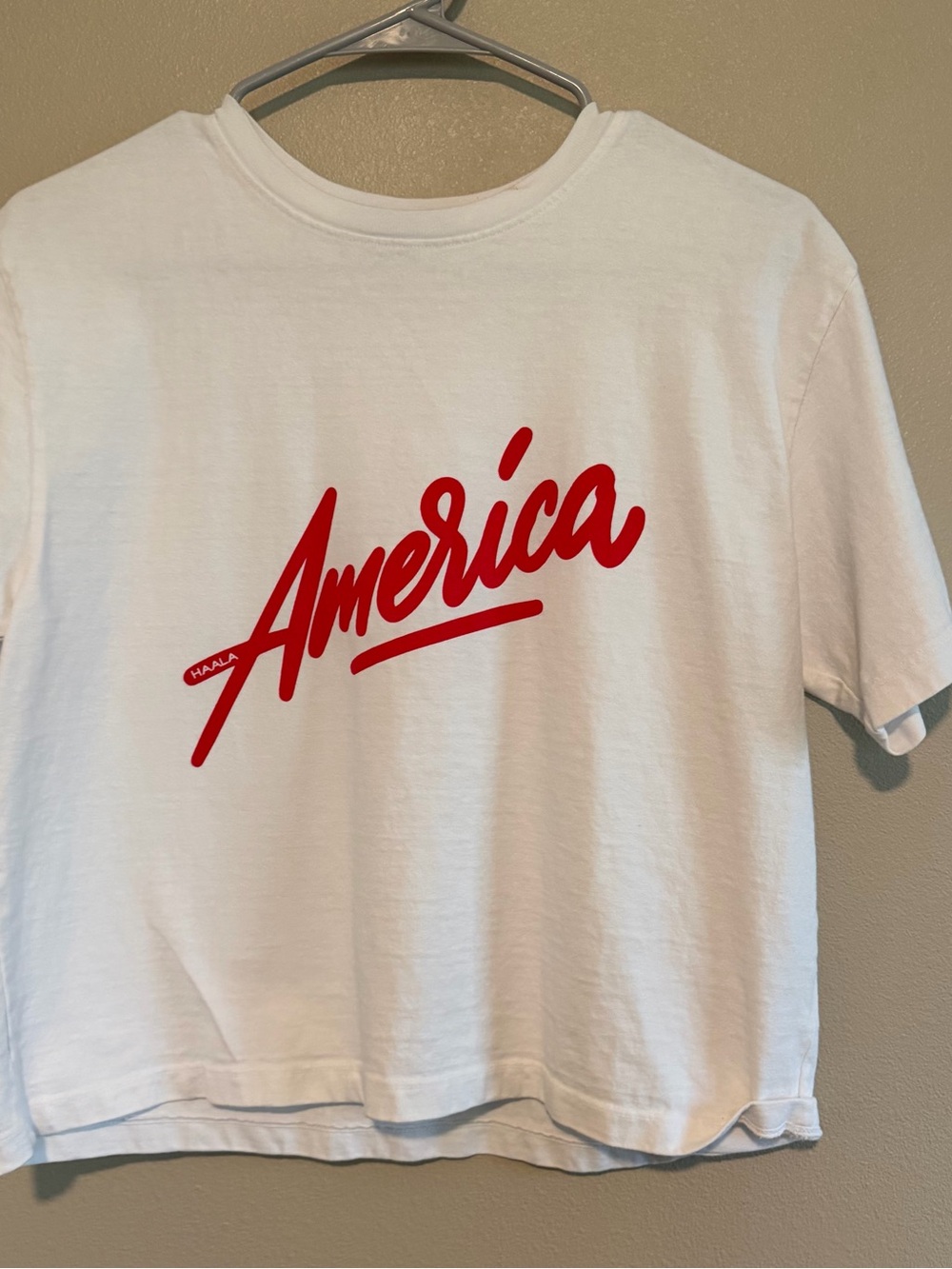 White Short Sleeve Tee with Red 'America' Script - HAALA DENIM